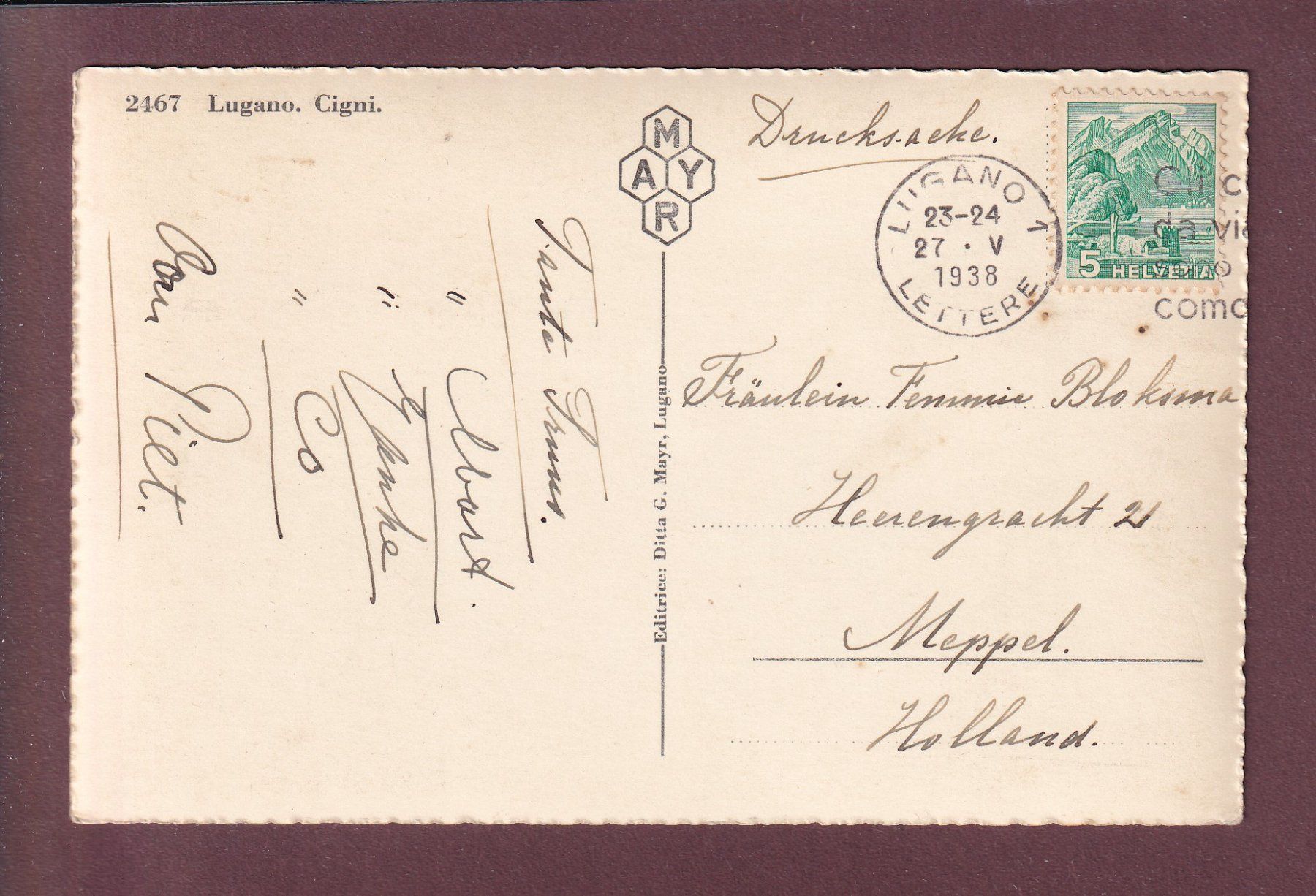Cartoline postali: LUGANO - Cigni - 1938 – Usato da Pully venduto da nicecards 1