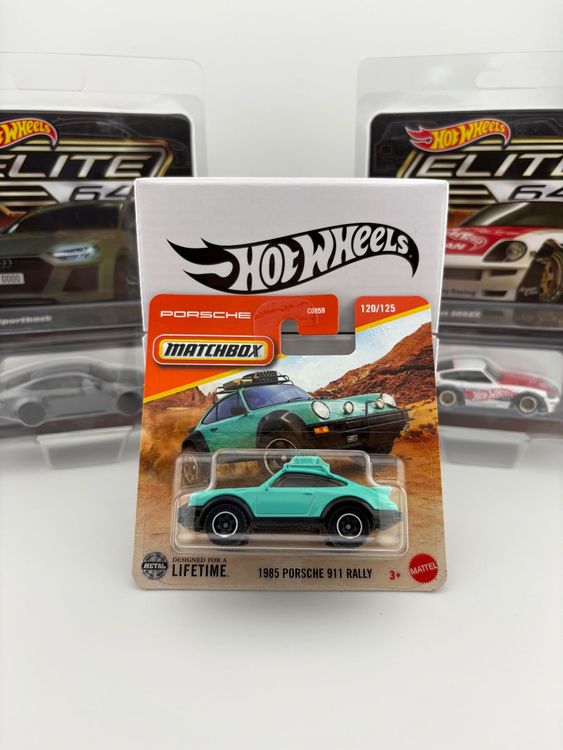 Voiture Miniature Matchbox Porsche 911 Rally 1985 - Bleu/vert - échelle 1:64 - Neuve 2024