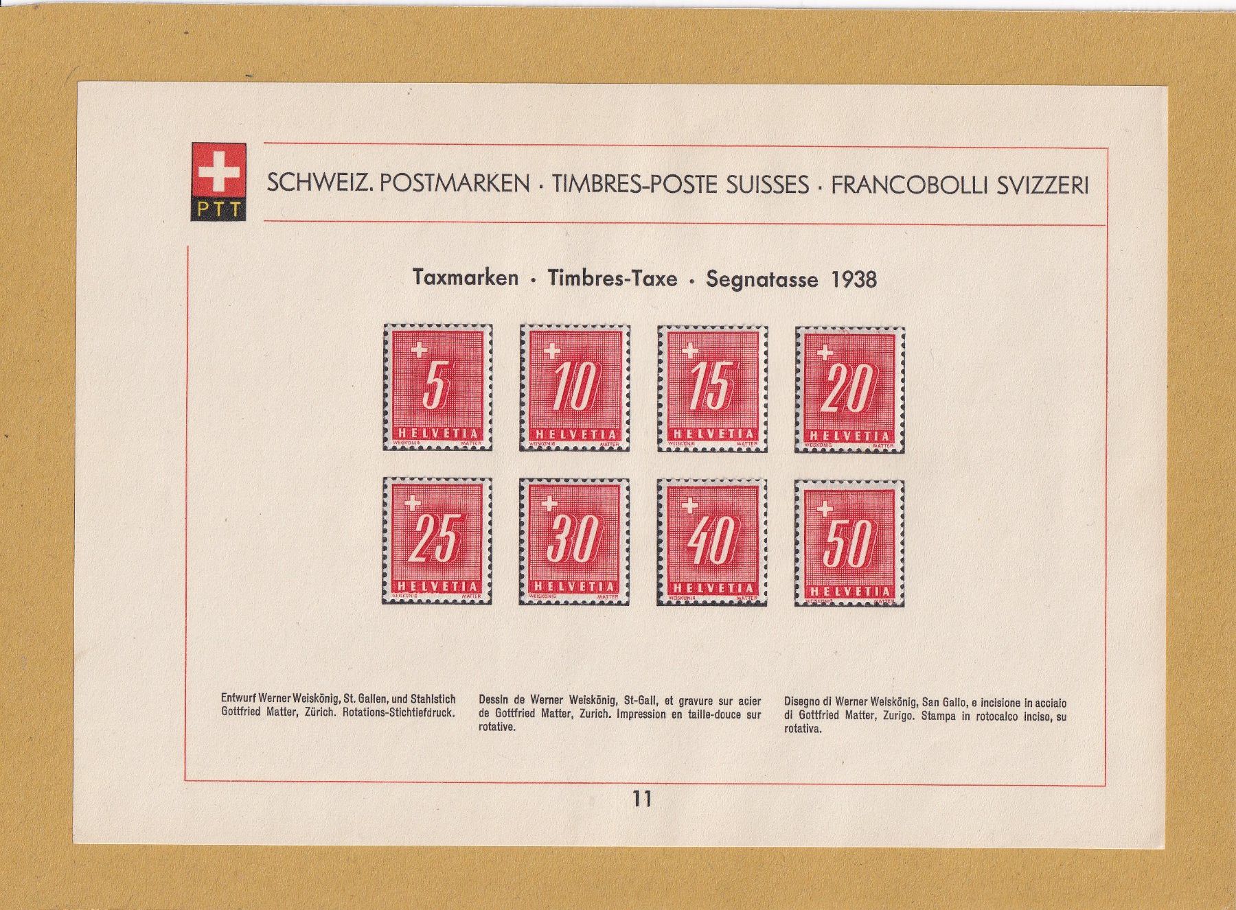 Alle Briefmarken: Feuille de collection PTT - N° 11 - 1938 – Gebraucht aus Orvin von Pyaeschli