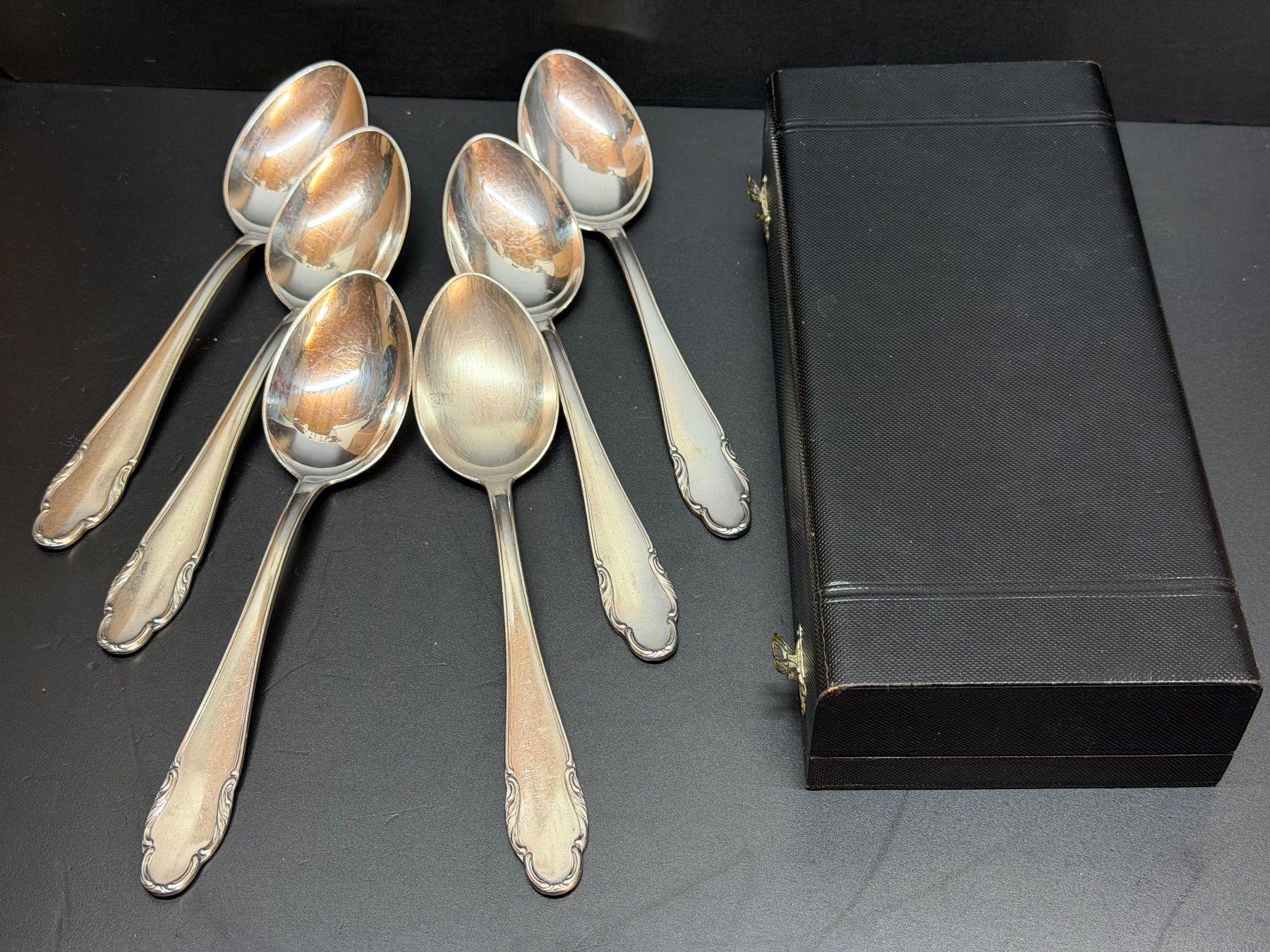 Cucchiai: 6 SUPPENLÖFFEL GEMARKT VERSILBERT, IN BOX – Usato da Matzingen venduto da Puhbaerli 2