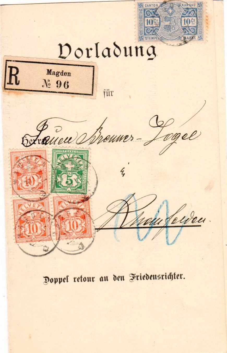Tutti i francobolli: Vorladung Magden mit Stempelmarke  1908 – Usato da Wolhusen venduto da Curver9