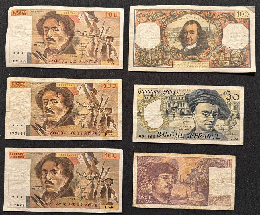 6 Französische Franc Banknoten-Reproduktion – 10, 20, 50, 100, 200, 500 Franc, Originalgetreu, Sammlerstück