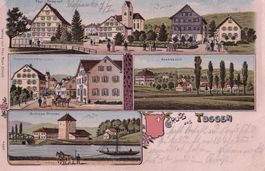 Tuggen farbige Lithografie Post Krebsbach Bamert Hôtel Löwen
