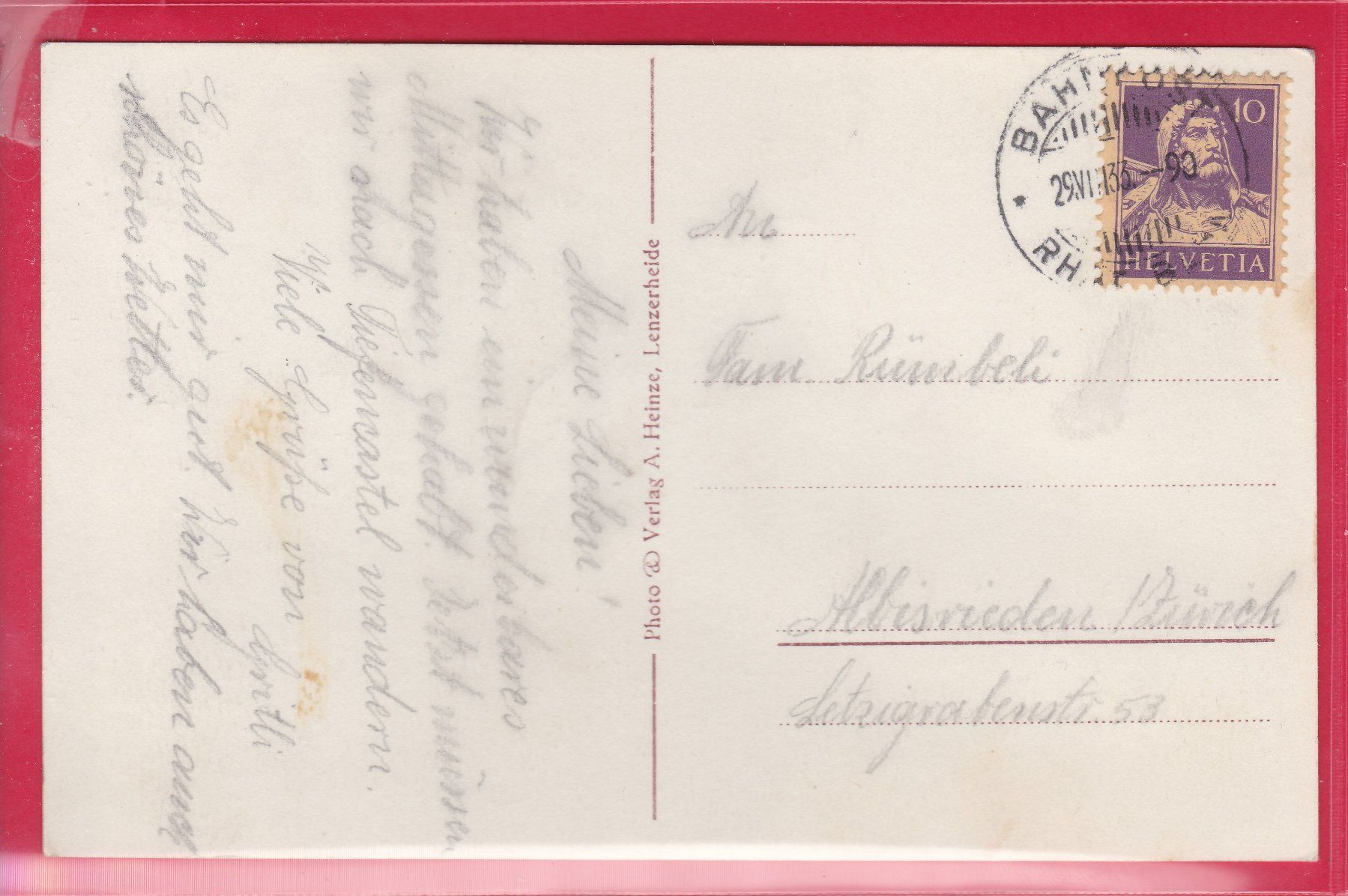 Ansichtskarten: LENZERHEIDE GEGEN STÄTZERHORN, 29.8.1933 – Gebraucht aus Oberrieden von Gebirgsstelze 1