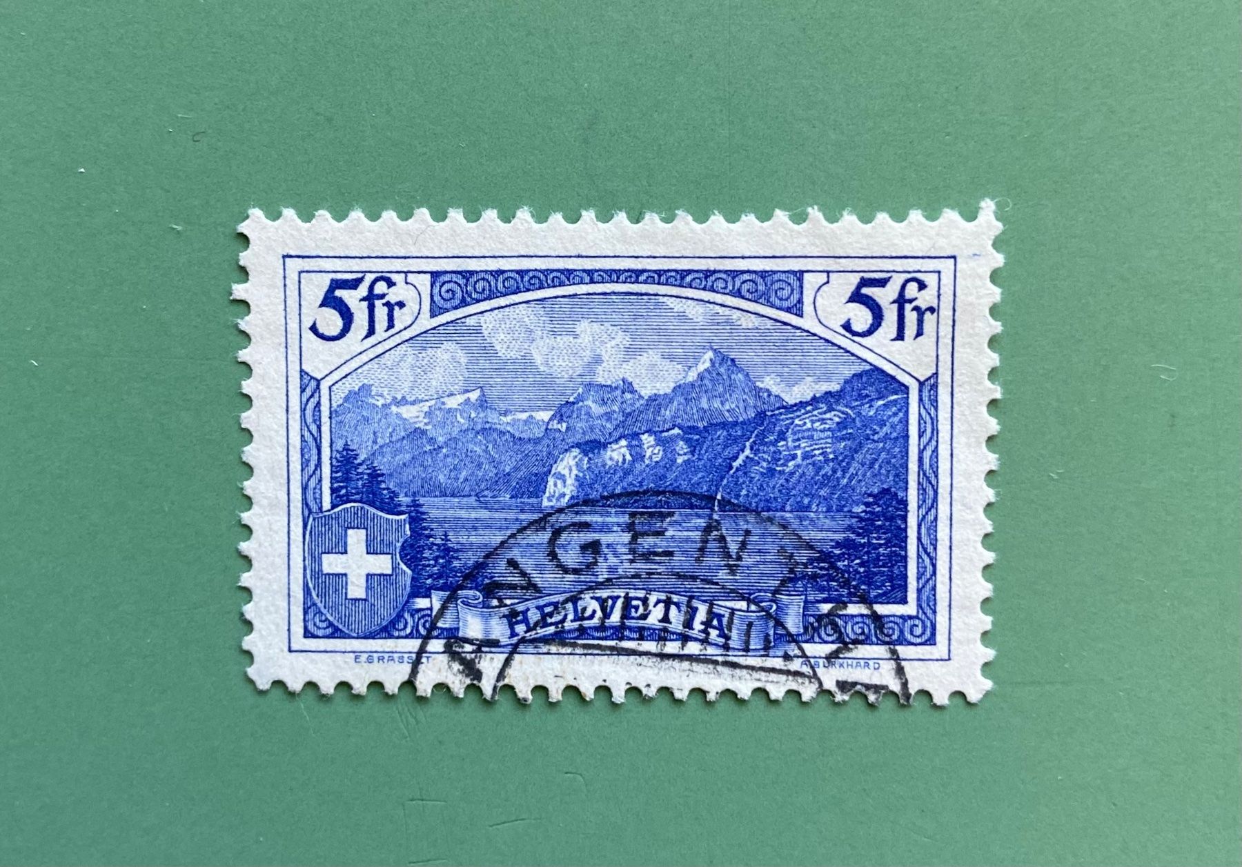 Tutti i francobolli: Alte Briefmarke Schweiz 5 Fr.  Rütli – Usato da Münchringen venduto da Hegelime-38