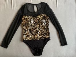 Gold Pailletten Party-Body mit Mesh-Ärmeln – Gr. S