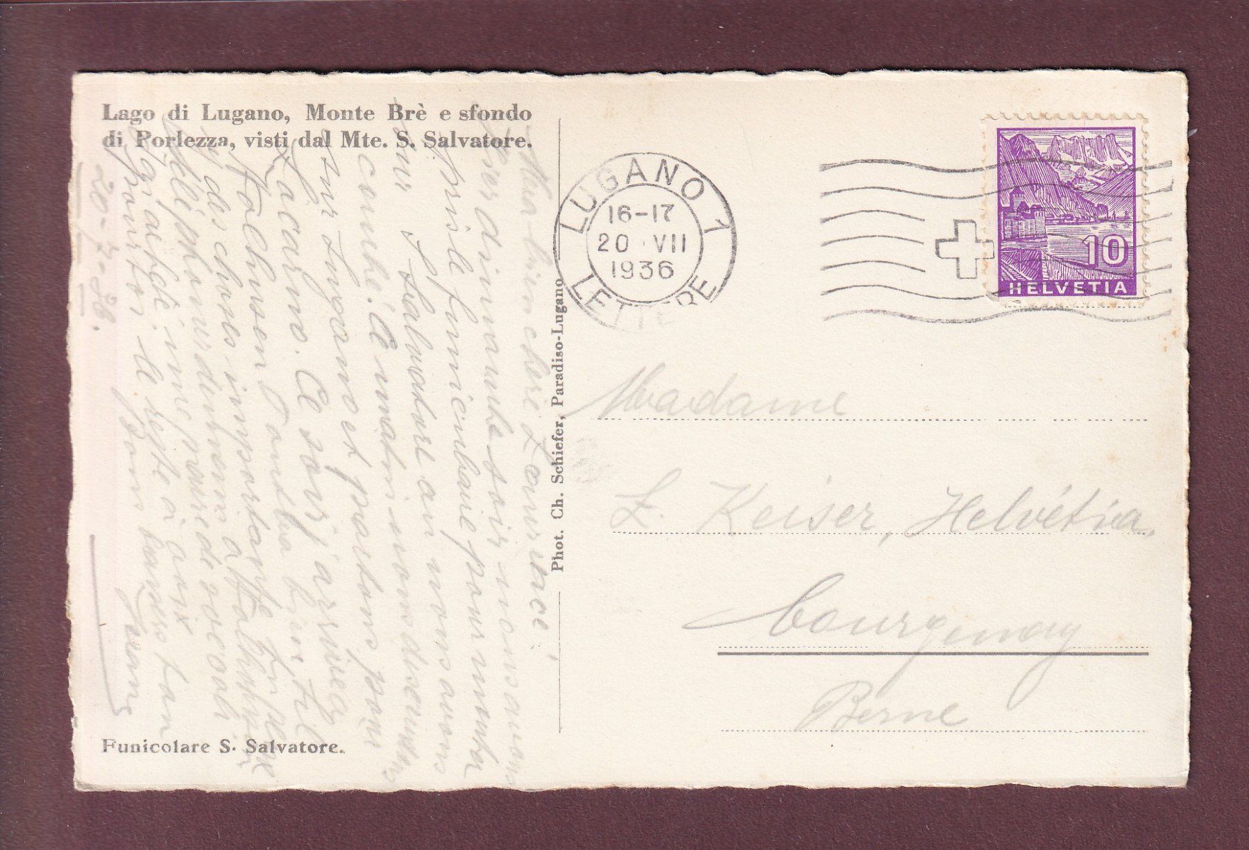 Cartoline postali: MONTE BRE e sfondo di Porlezza - 1936 – Usato da Pully venduto da nicecards 1