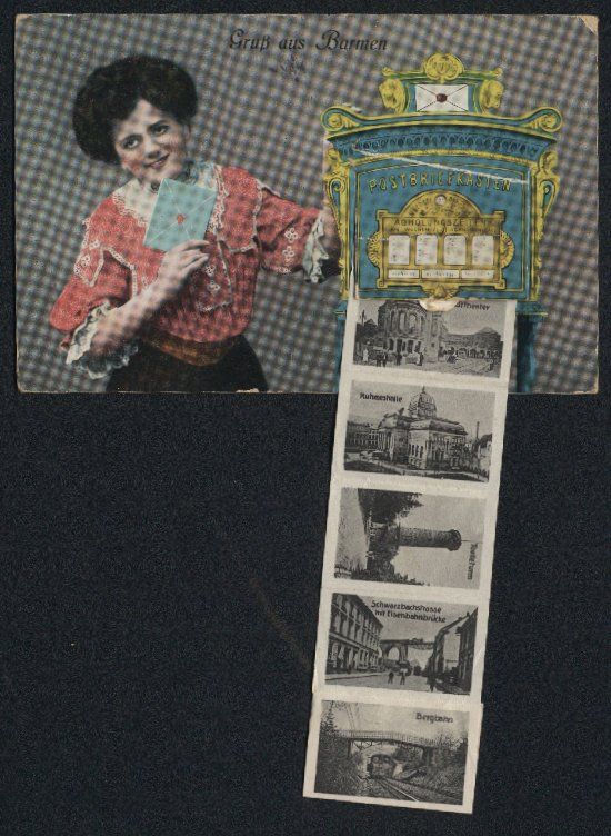 Cartoline postali: Leporello-AK Barmen, Dame am Postbriefka – Usato da Berlin venduto da bartko-reher