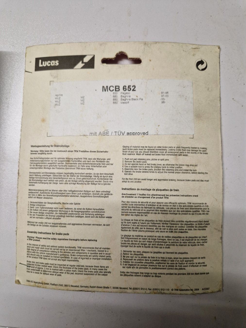 Tutti i ricambio per moto: Motorrad-Bremsbeläge MCB652 TRW. Passend zu div Modellen – Nuovo e nell'imballaggio originale da Thun venduto da Joeggu312 1