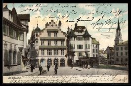 AK St. Gallen, Marktplatz mit Häusern und Kirchturm