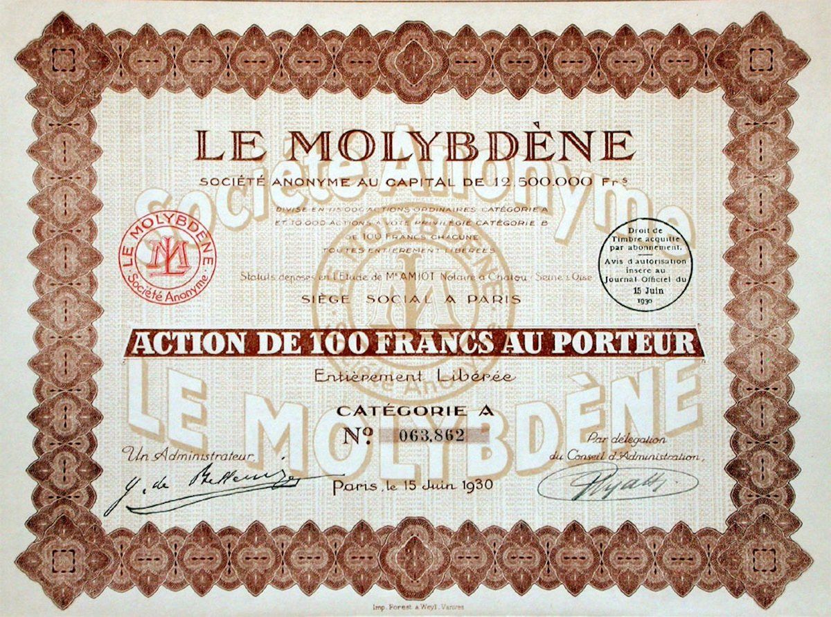 Documenti: Le Molybdène SA, Paris - 1930 – Usato da Solothurn venduto da Sgasche