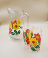 Carafe et 2 verres motifs grosses fleurs seventies