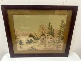 Bild aus Seidenstickerei mit Holzrahmen und hinter Glas