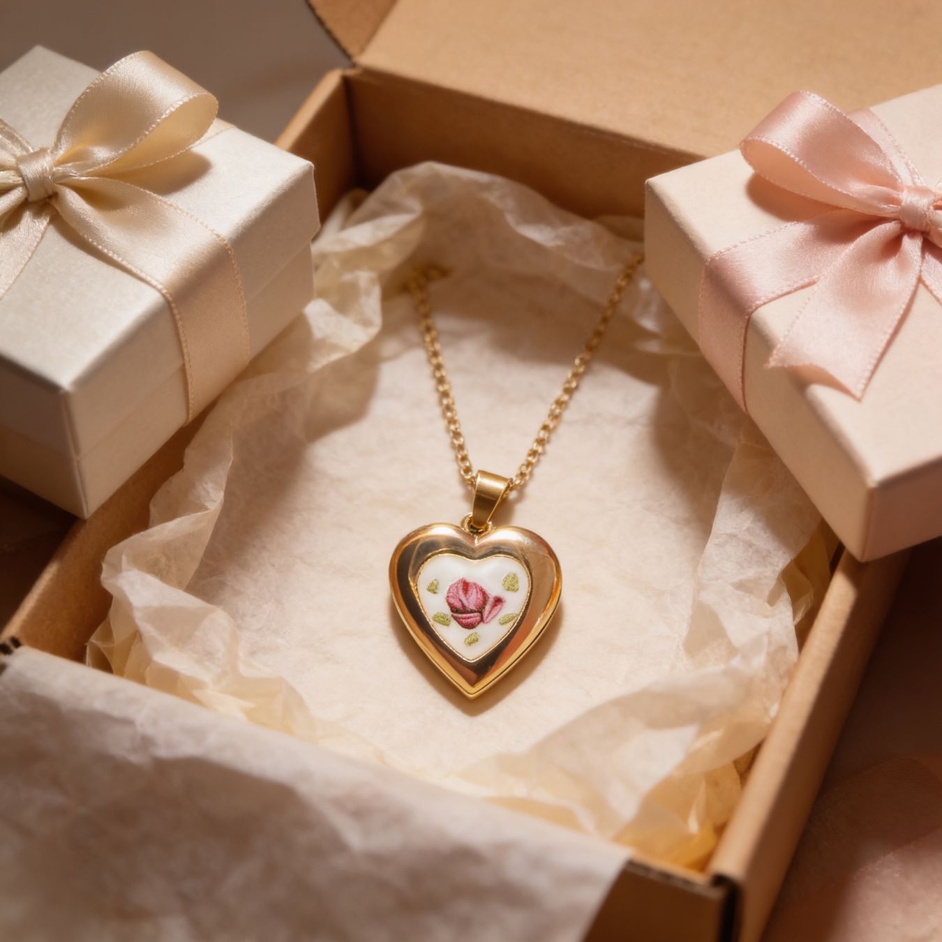 Ketten: Collier Coeur Vintage Doré avec Rose – Neu und originalverpackt aus St-Maurice von Sandrinette123 1