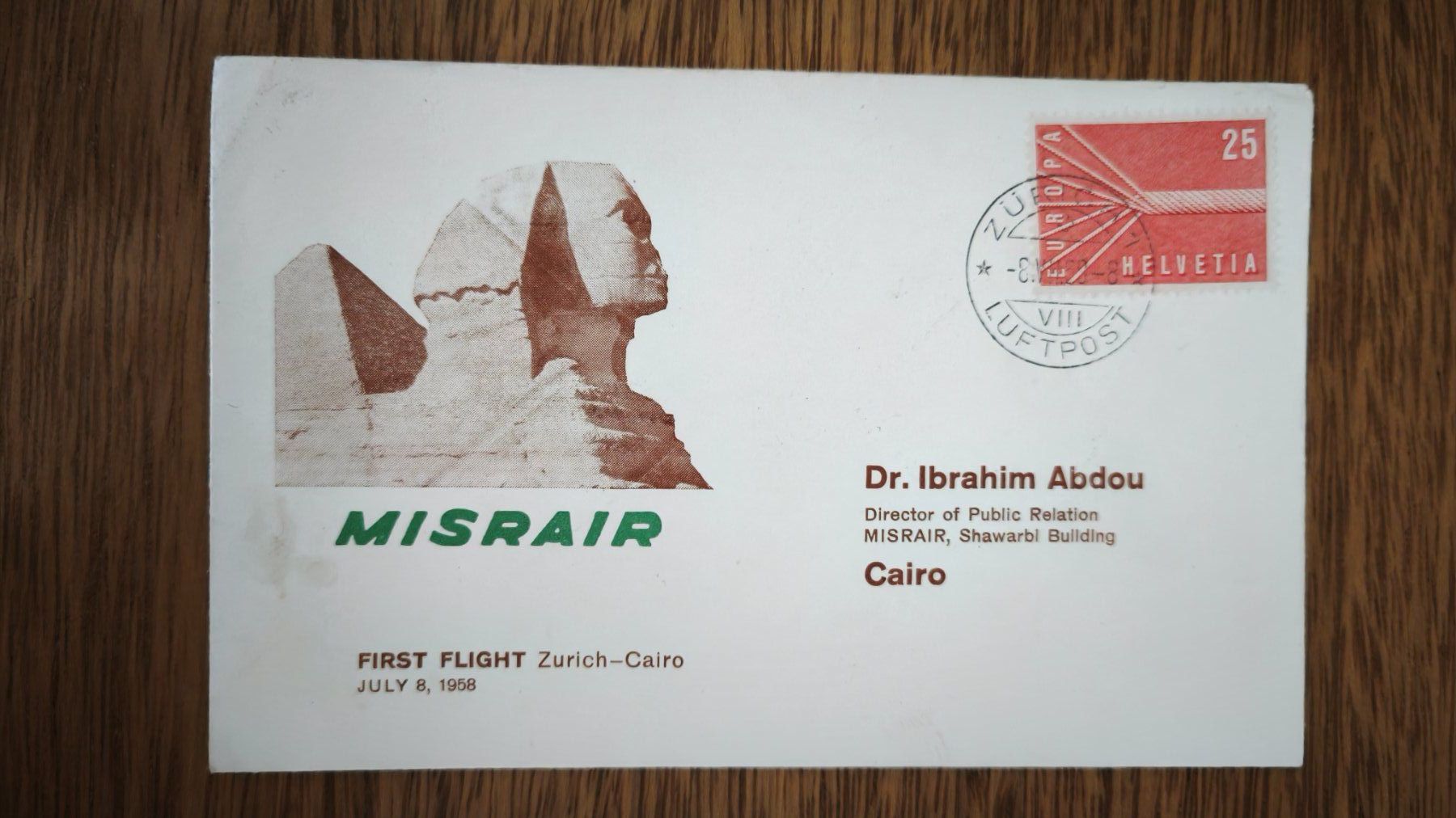 Tutti i francobolli: Erstflug MISRAIR Zurich-Cairo Juli 1958 – Usato da Aesch BL venduto da Opirol