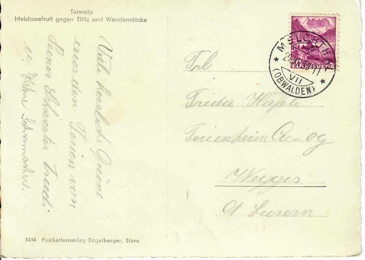 Cartoline postali: Tannalp - Melchsee Frutt  1939 – Usato da Hochdorf venduto da Ziegel-16 1