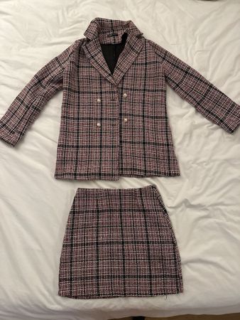 Tweed-Kostüm Set, Gr. S, rosa schwarz kariert