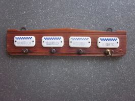 Antike Holz-Tuchleiste, Tuchhalter, Keramikschilder, 4 Haken