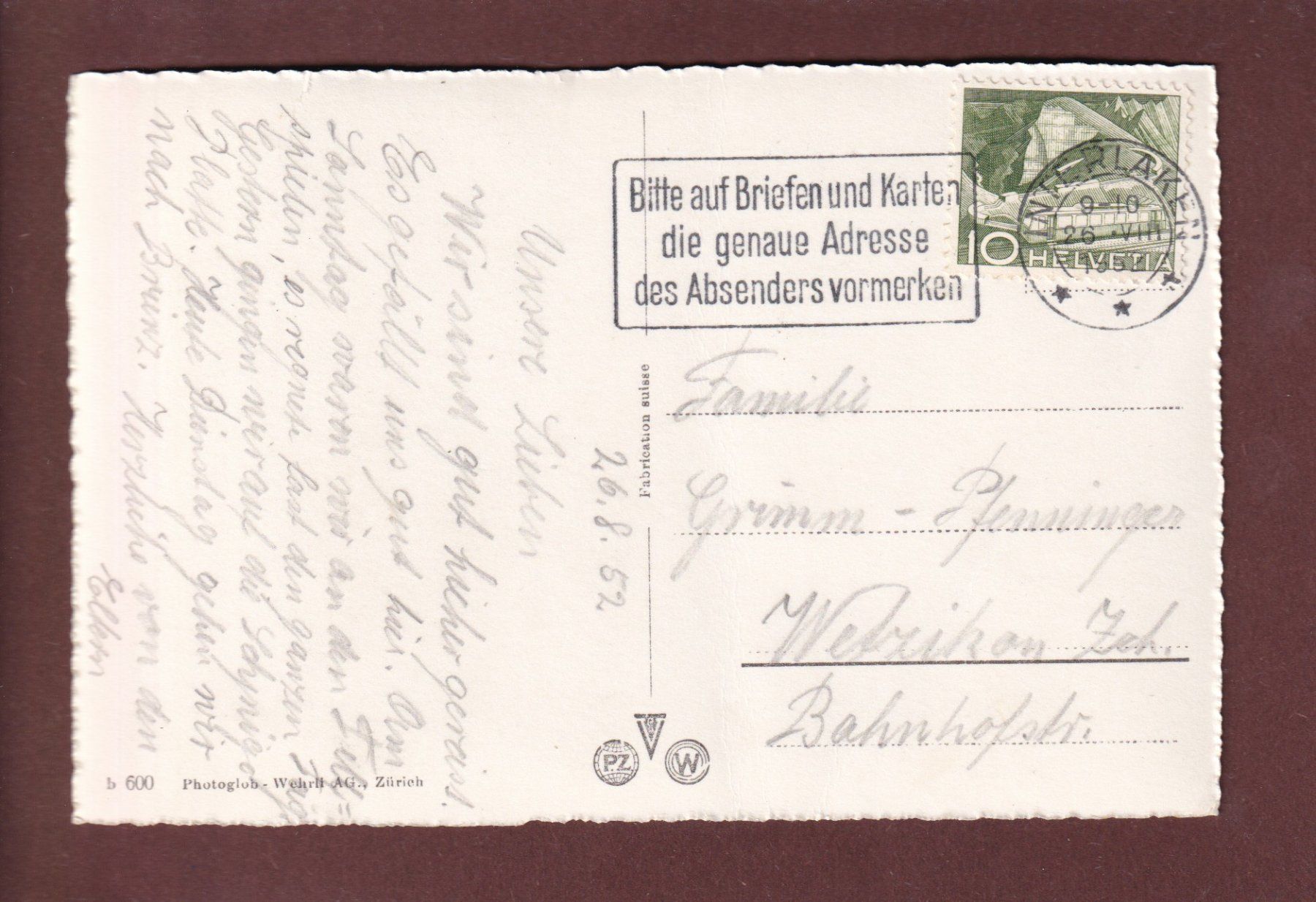Cartoline postali: INTERLAKEN - Höhenpromenade - 1952 – Usato da Pully venduto da nicecards 1