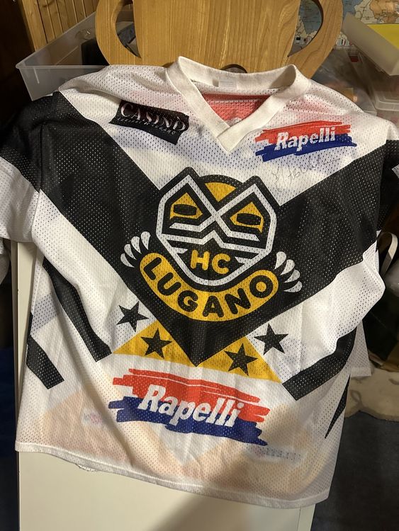 Maillot Vintage HC Lugano Hockey Sur Glace - Taille M - Signé Par Joueurs #11, #26, #14