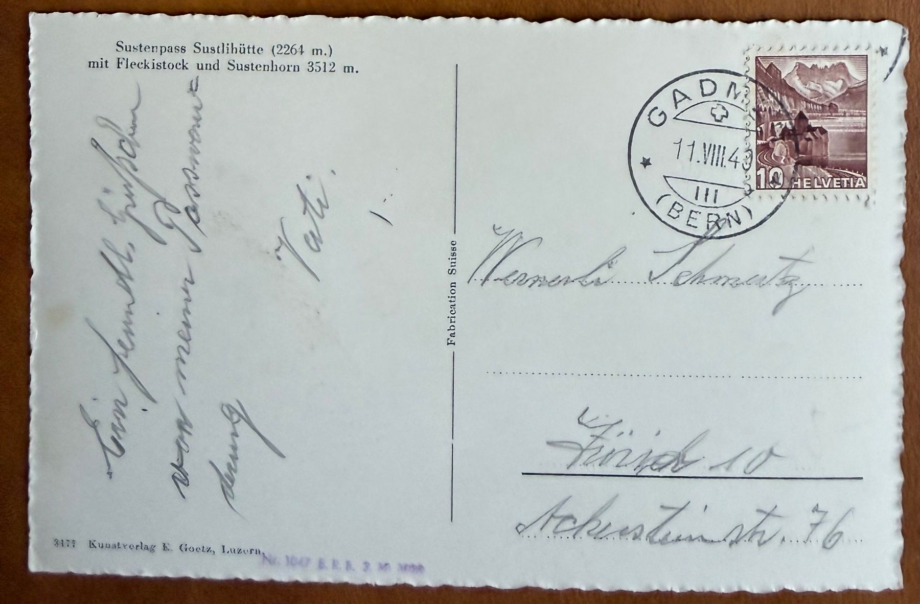 Ansichtskarten: Sustenpass - Sustlihütte - 1949 – Gebraucht aus Lutry von Ediego 1