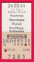 KARTON BILLETT, ZIEGELBRÜCKE -HERRLIBERG-FELDMEILEN,2.KLASSE