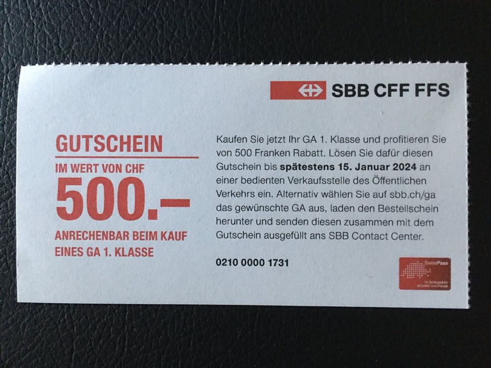 Gutschein Rabatt von 500.- an ein GA 1. Klasse | Kaufen auf Ricardo