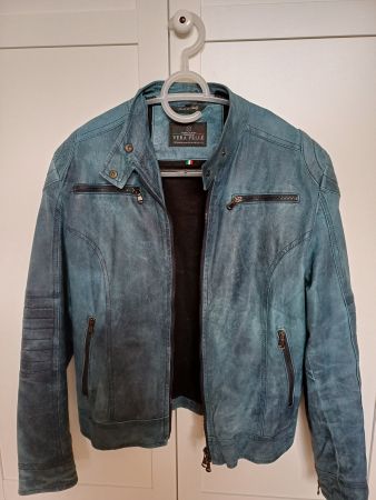 Veste en cuir bleu Vera Pelle, occasion, bon état
