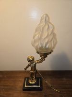 Art-déco Tischlampe / Figurine mit Fackel - Bronze/Messing