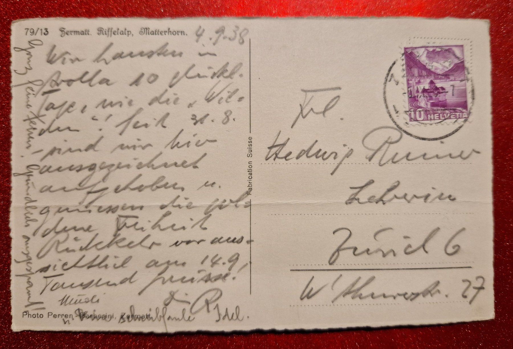 Ansichtskarten: Matterhorn Zermatt 1938 – Gebraucht aus Melchnau von Arthurius 1