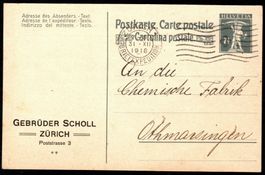 1918 Ganzsache 68 mit Privat Zudruck Gebrüder Scholl, Zürich