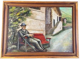 Huile sur toile, R. Vassaux '78, Scène de village