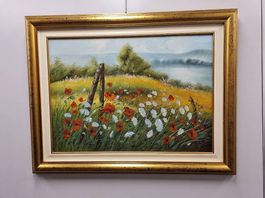 Tableau les coquelicots, cadre en bois à la feuille or