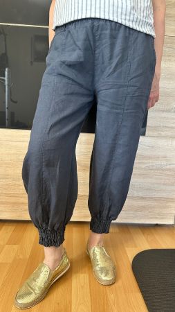 Pantalon d'été en lin bleu , taille élastique - Confort!