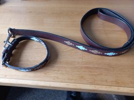 Leder Halsband & Leine beige hellblau, separat möglich