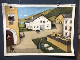 Vintage Schulwandbild, ENGADINHÄUSER, Maria Bass #B10 LxB 90