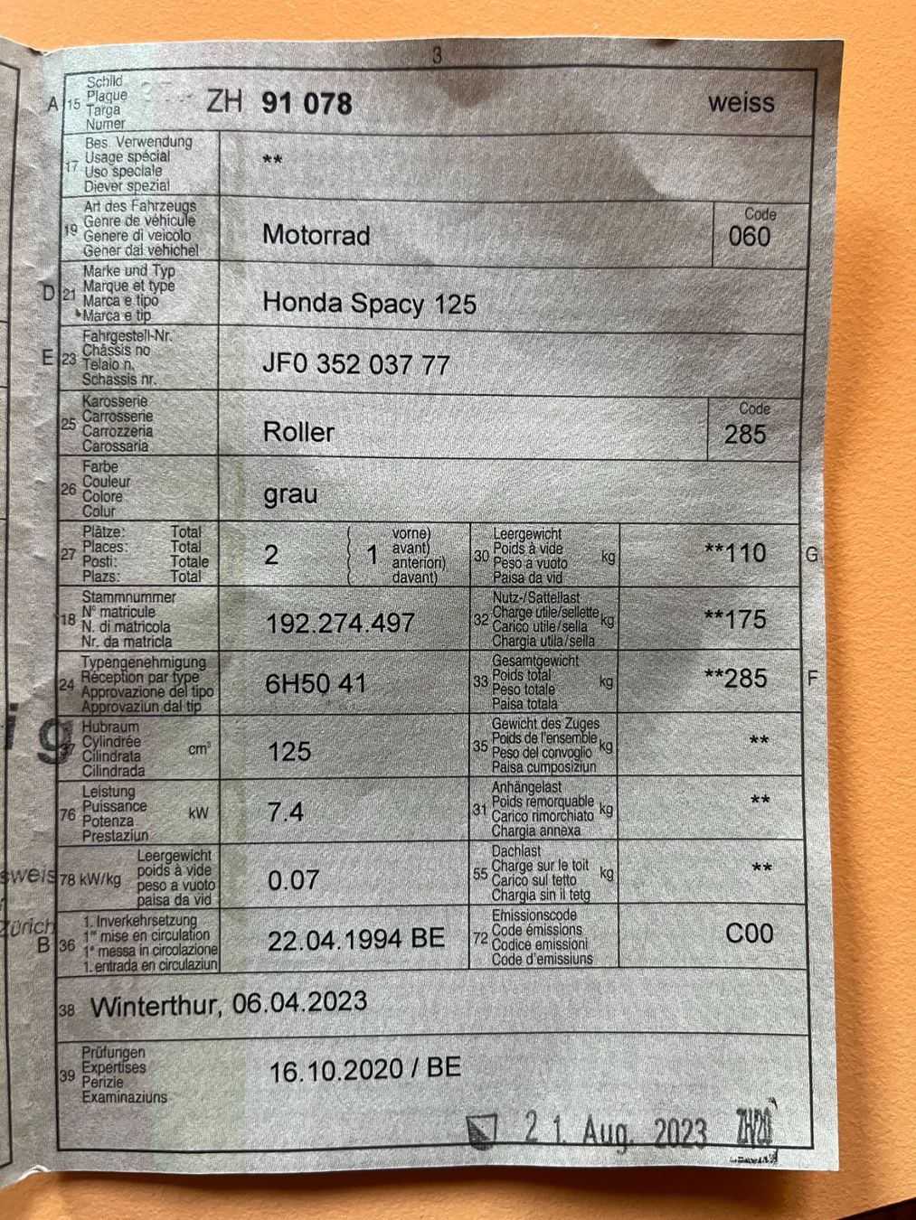 Honda Strasse: Roller HONDA Spacy 125 – Gebraucht aus Winterthur von pf02 9