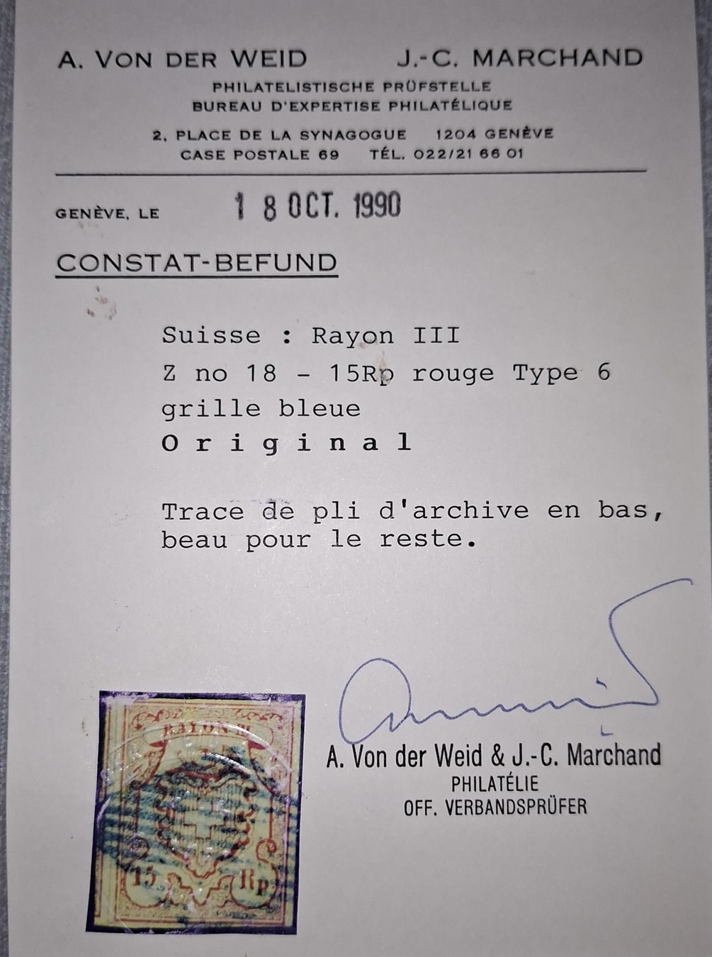 Tutti i francobolli: Rayon Nr. 18 Typ 6 mit Attest Kat. 1000.- – Usato da Balgach venduto da SIMEON27 2