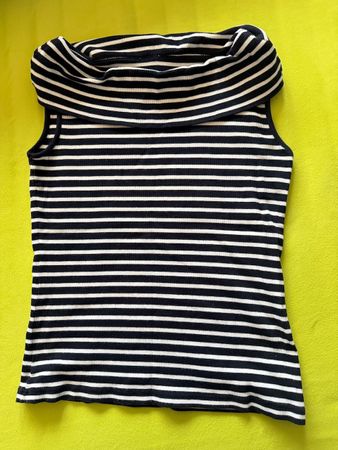 schwarz-weiss gestreifter aermelloser Pullover,Schalkragen