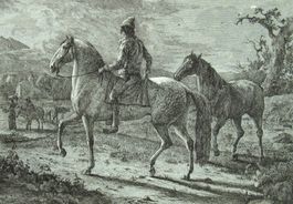 Landschaft m. Gebäude, Reiter & Pferden - Antike Radierung