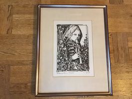 Flötenspielerin, signiert,  Original Grafik, gerahmt