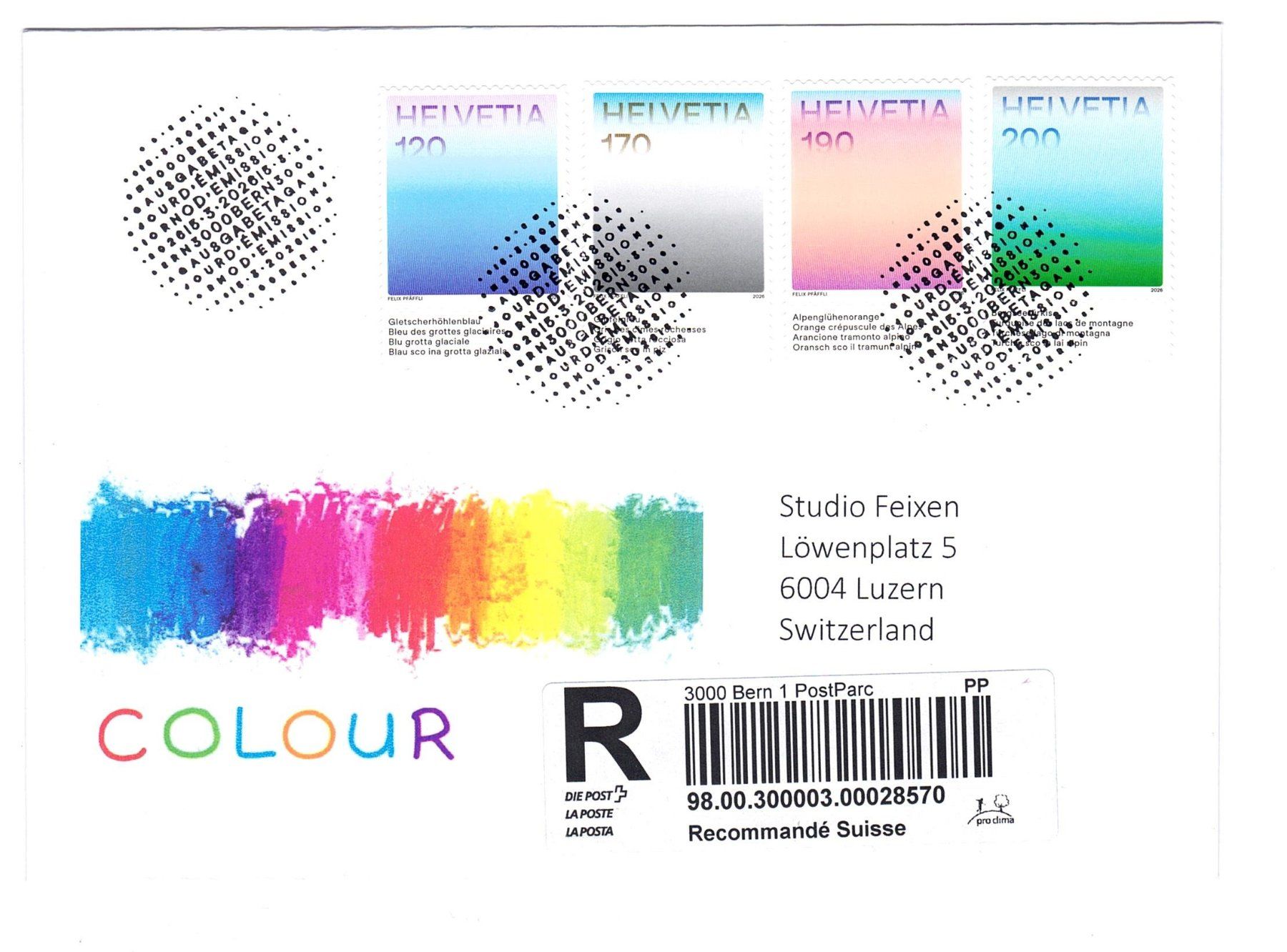 Alle Briefmarken: Schweiz 2026 ET, Einschreibebrief Farben, Top! – Gebraucht aus Büetigen von philat
