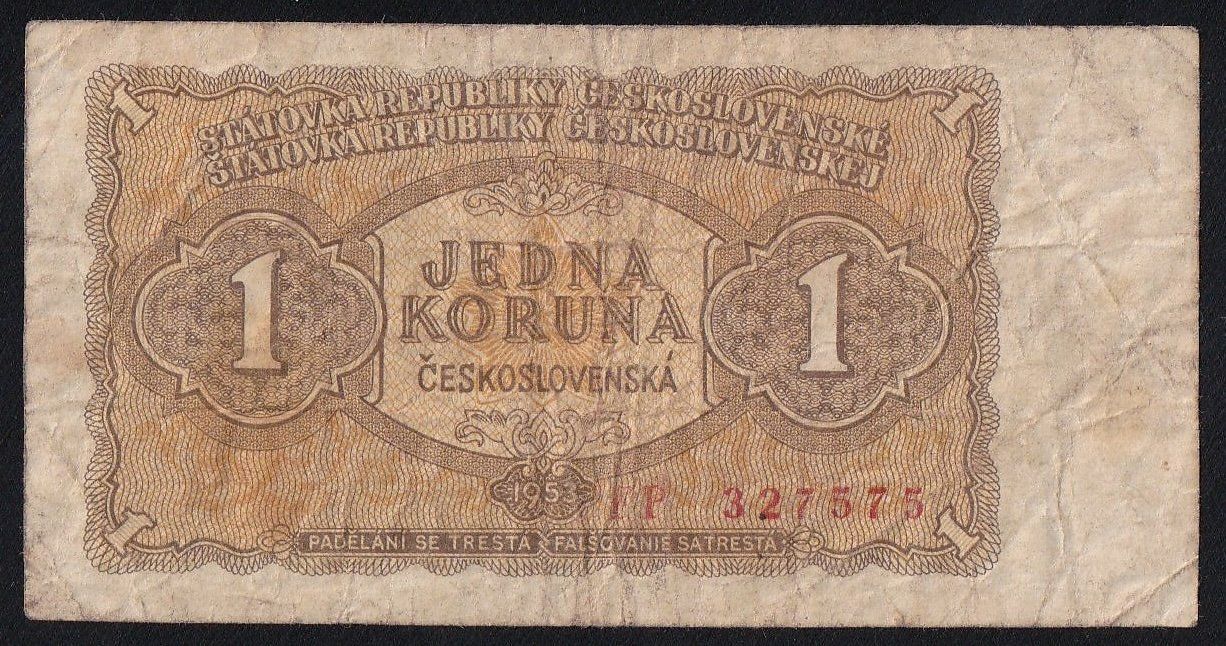 Banknoten: Tschechoslowakei 1 Korun 1953 – Gebraucht aus Brugg AG von banknoten_muesli