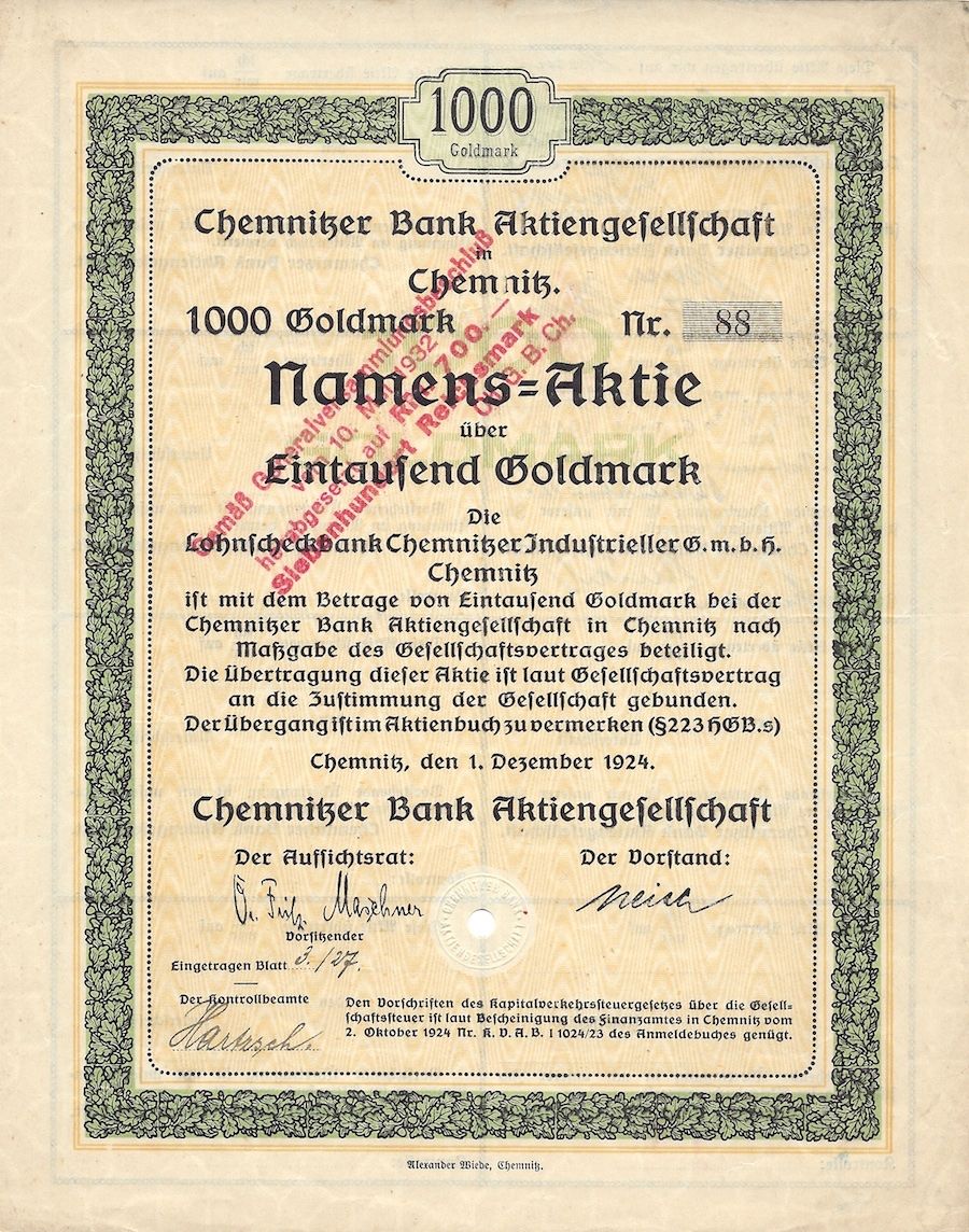 Documenti: Chemnitzer Bank AG, Chemnitz - 1924 – Usato da Solothurn venduto da Sgasche