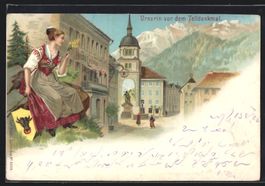 Litho Altdorf, Urnerin vor dem Telldenkm