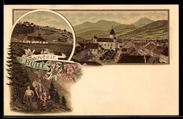 Lithographie Bulle, Totalansicht aus der Vogelschau, Männer 