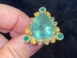 🧩Fluorite Trillion & Gemstones Halo SS925 Gold Vermeil Ring