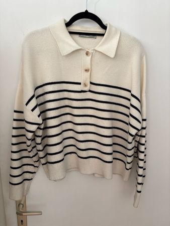 Mango Pullover gestreift mit Kragen Grösse M weiss schwarz