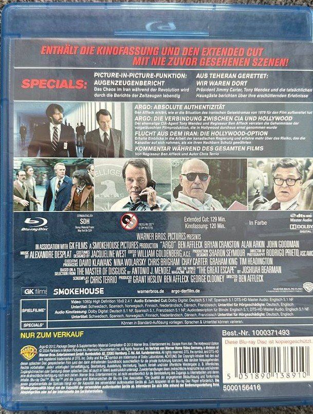 Tutti i DVDs: Argo Extended Cut Blu-ray - Top Zustand – Usato da Beringen venduto da Mantafisch1 1