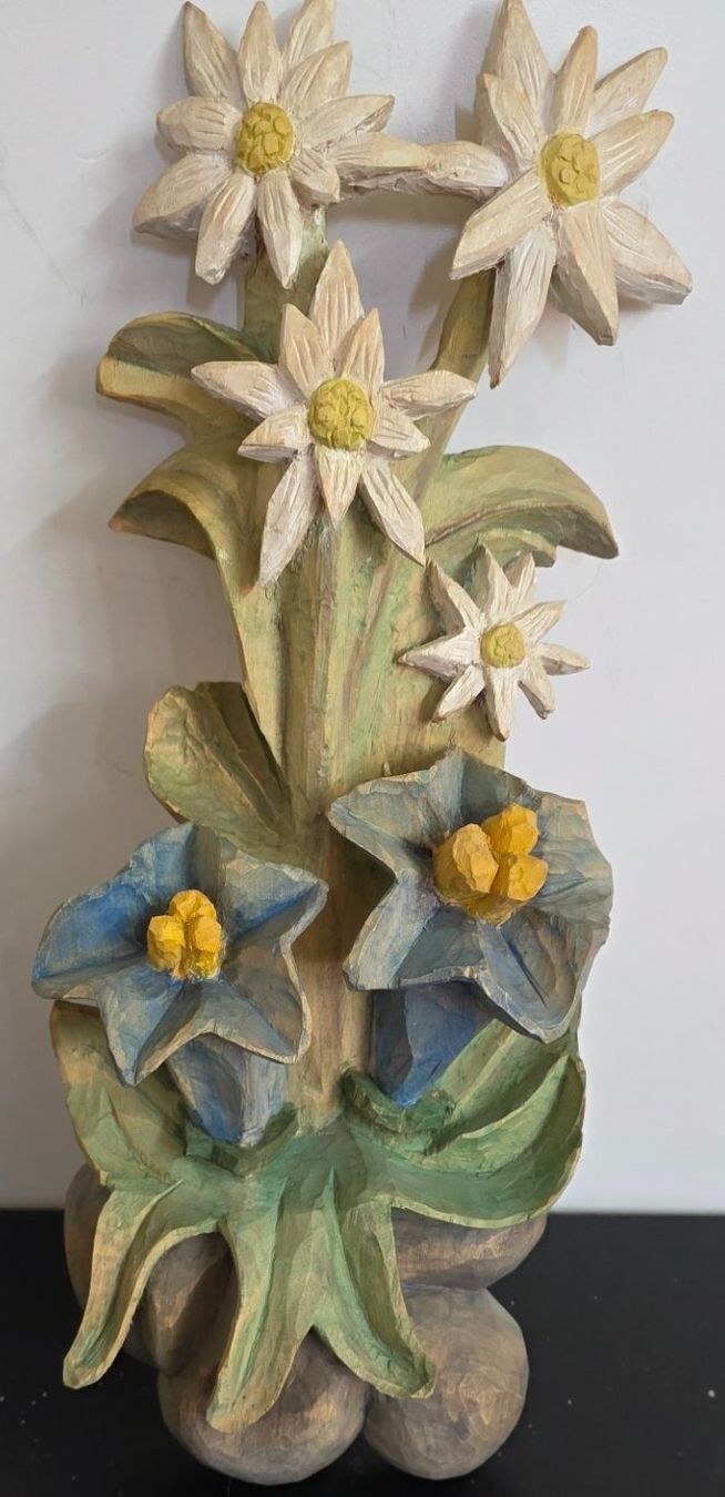 Xilografie: Wunderschöne Holz-Schnitzerei: Edelweiss & Enzian – Usato da Flums venduto da Flumsantik